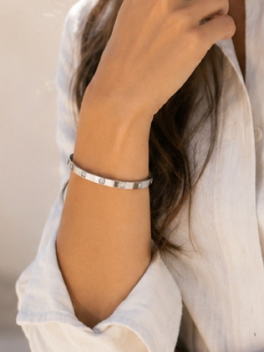 Silver Titanium Steel Zircon Inlay Bangle Bracelet 6mm Stainless Steel